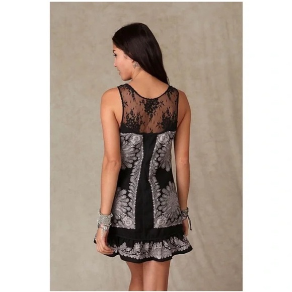 Barbary Coast Linen tunic Dress Free people black & beige lace size 10 paisley - Picture 11 of 11